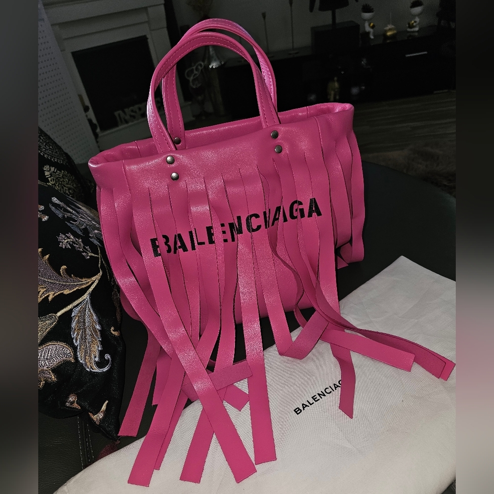 BALENCIAGA Bright Pink Fringe Laundry  Bag xs